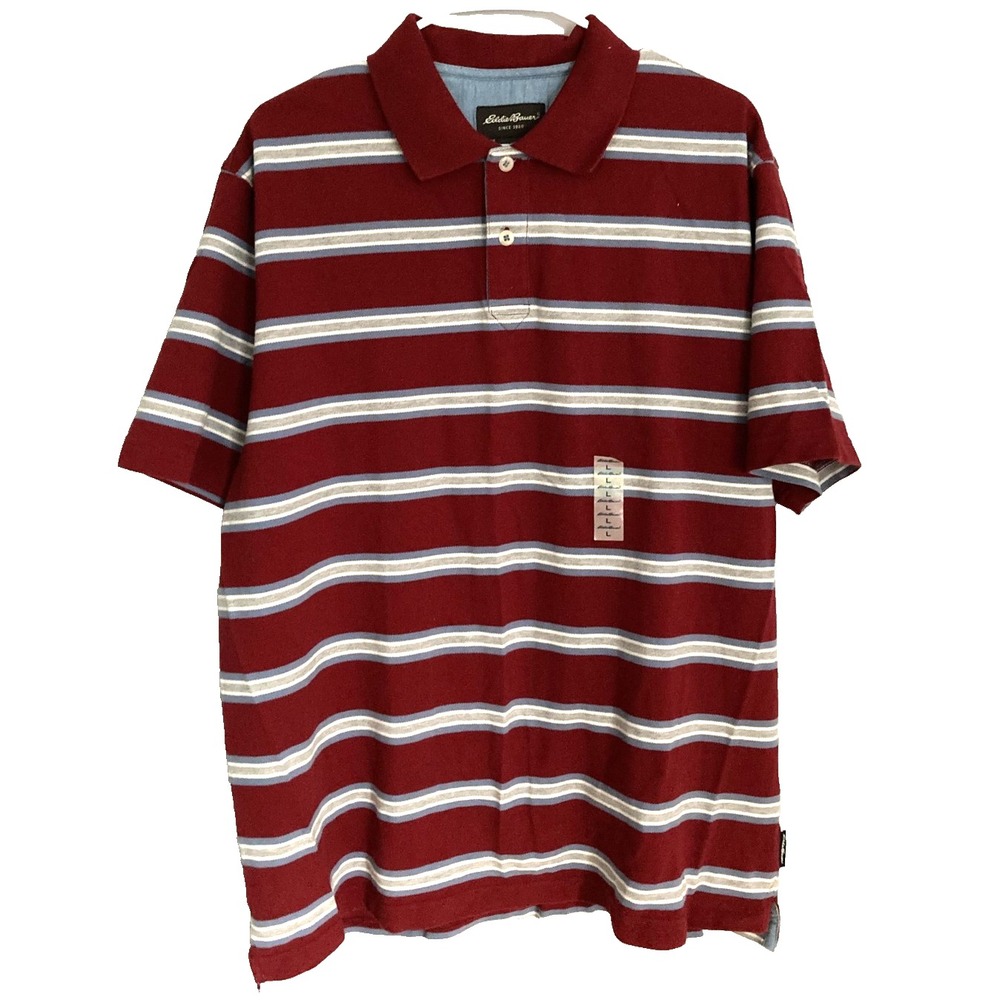 Eddie Bauer Polo Shirt Mens Large Red Beach Stripe Flame Short Sleeve Casual NWT